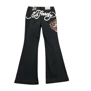 Y2K Ed Hardy Women's Biker Chic Black Denim Tiger head Slim Flare Jean Size: 30